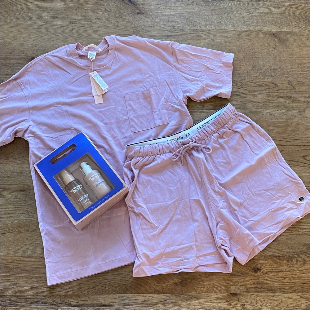 Victoria’s Secret purple lilac T-Shirt and Shorts PJ Set and body care set